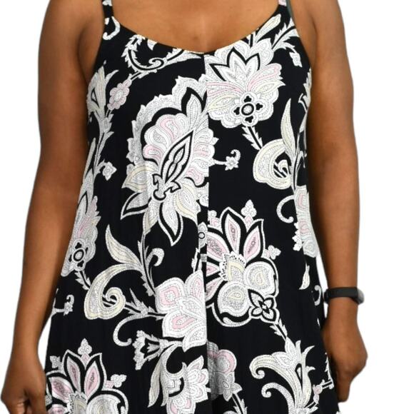 Wide Leg Jumpsuit Black Printed Draped Pink Straps Capri Loose Sack Size Medium - Picture 4 of 13